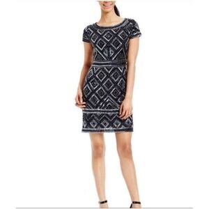 Adrianna Papell STUNNING‎ black Lined Heavily beaded sheath dress Sz 12 EUC